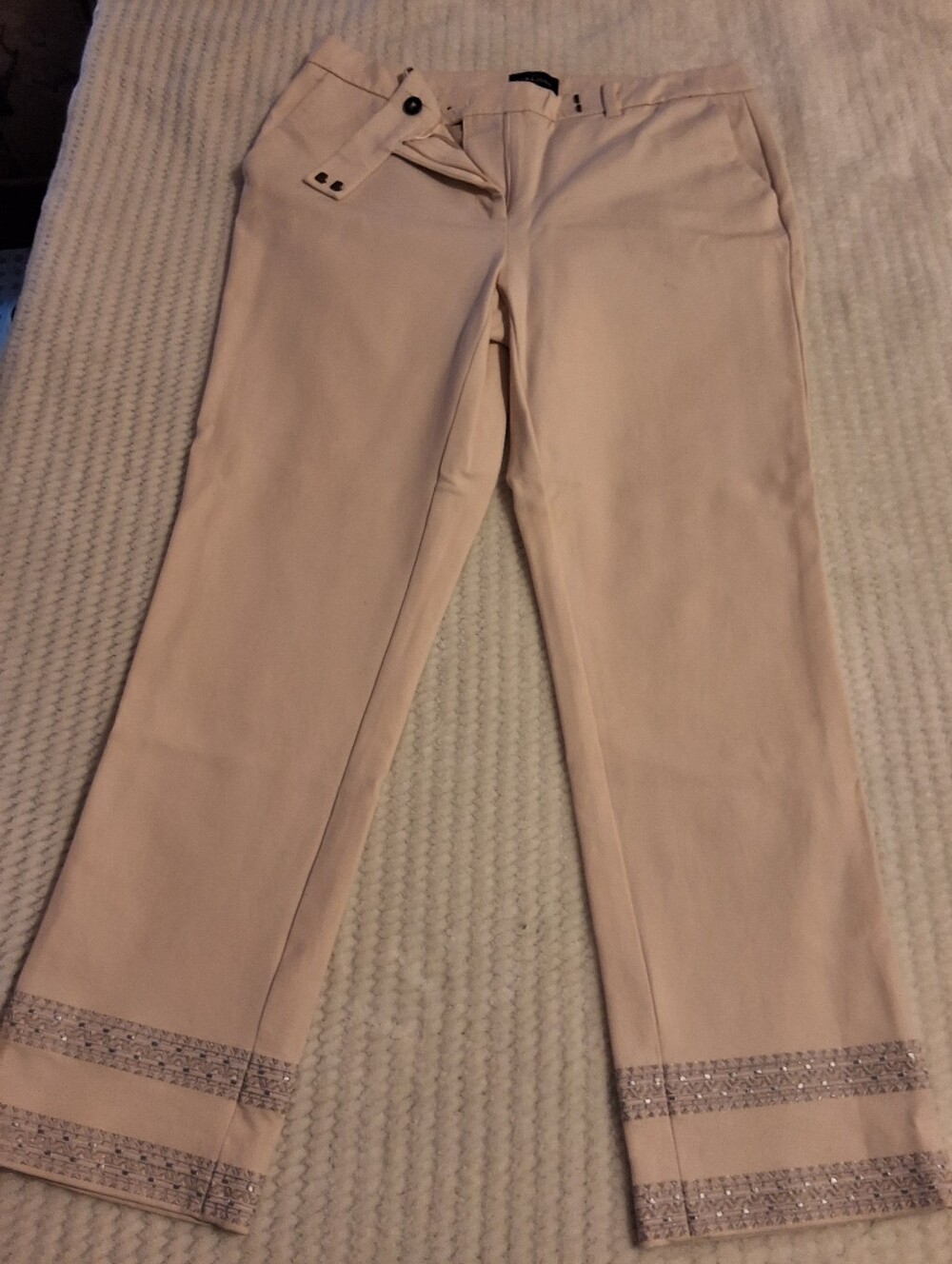 White House Black Market Cream Embellished Hem Trousers